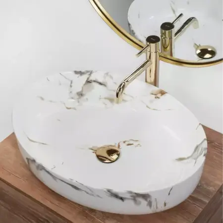 Lavoar pe blat Rea Queen Carrara oval finisaj alb marmura lucios 55 cm [2]