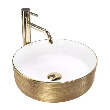 Obiecte Sanitare - Lavoar pe blat Rea Sami rotund finisaj alb - auriu periat 36 cm