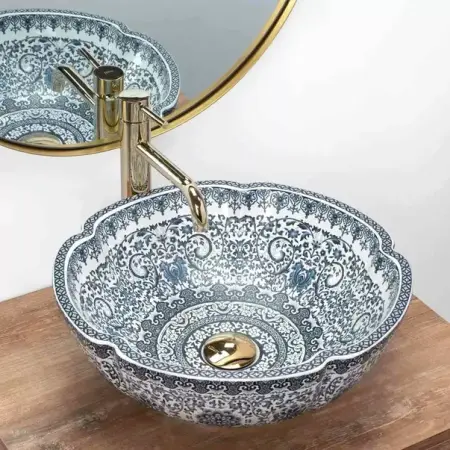 Obiecte Sanitare - Lavoar pe blat Rea Vivien rotund finisaj alb - albastru 43 cm