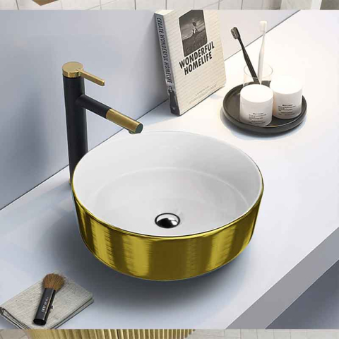 Lavoar pe blat Spectrum, Rosina Brushed Gold, rotund, auriu periat-alb [3]