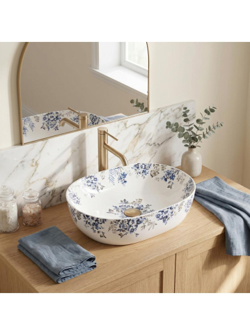 Lavoar pe blat Rea Veronica Mat oval ceramica 485x350 mm model floral [9]