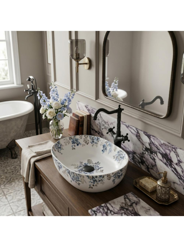 Lavoar pe blat Rea Veronica Mat oval ceramica 485x350 mm model floral [6]
