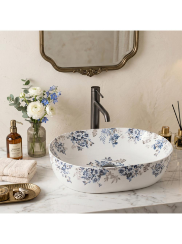 Lavoar pe blat Rea Veronica Mat oval ceramica 485x350 mm model floral [2]