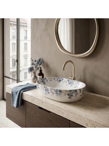 Lavoar pe blat Veronica Shiny Rea oval ceramica lucioasa 485x350 mm model floral [3]