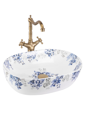 Lavoar pe blat Veronica Shiny Rea oval ceramica lucioasa 485x350 mm model floral [11]