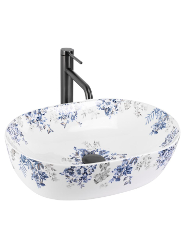 Lavoar pe blat Veronica Shiny Rea oval ceramica lucioasa 485x350 mm model floral [9]
