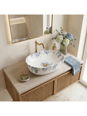 Lavoar pe blat Veronica Shiny Rea oval ceramica lucioasa 485x350 mm model floral [2]