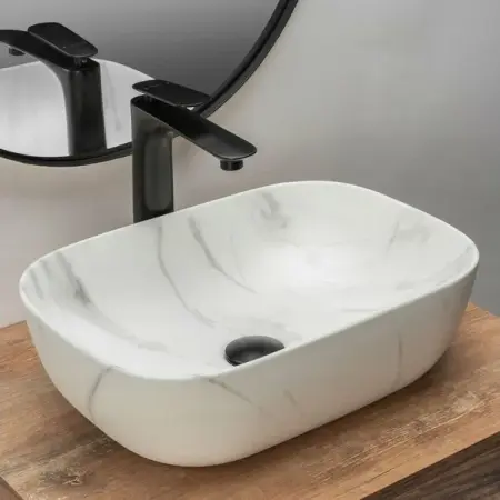 Obiecte Sanitare - Lavoar stil marmura alb pe blat Rea Belinda 46 cm