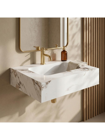 Obiecte Sanitare - Lavoar suspendat REA Aresa Cold Jade 60x50 cm ceramica compozit cuart finisaj lucios imitatie piatra