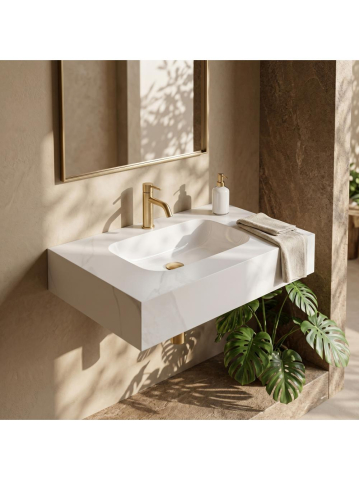 Obiecte Sanitare - Lavoar suspendat REA Aresa Belt alb mat imitatie piatra 700x500 mm ceramica cuart