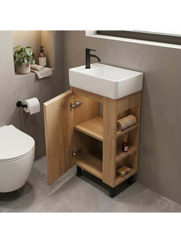 Dulap de baie cu lavoar Rea Astra 43cm alb maro negru MDF ceramica 825x430x260mm [3]