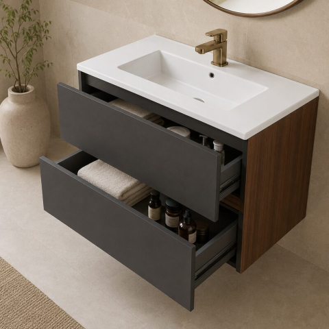 Mobilier suspendat pentru lavoar Fluminia, Genova 80, front și laterale netede, nero mat/rovere moka [1]