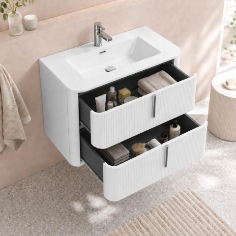 Mobilier suspendat pentru lavoar Fluminia Pisa 80 cm, front neted, 80 × 46 cm, alb mat, mânere albe mat [1]