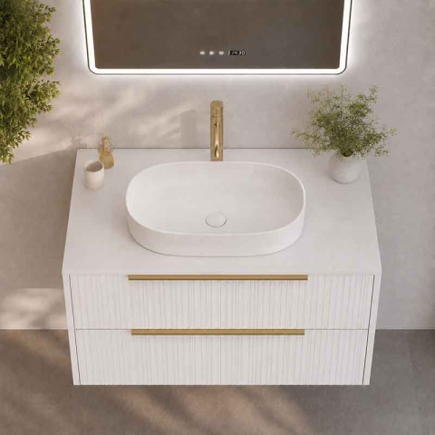 Mobilier suspendat pentru lavoar pe blat Fluminia Istria 80, front riflat, 80x46 cm, alb mat, mânere aurii [2]