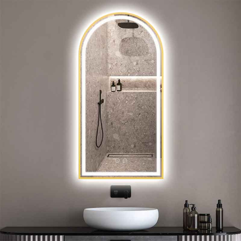 Mobilier Baie -  Oglindă baie cu LED și dezaburire Fluminia Cosimo Gold, 50x100 cm, lumină internă și ambientală, ramă gold