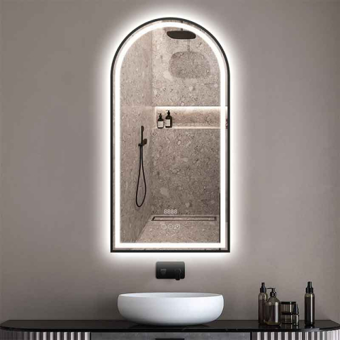 Mobilier Baie - Oglindă cu LED, dezaburire, ceas și bluetooth Cosimo Black 50x100 cm, lumină Internă și Ambientală, ramă neagră