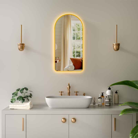 Oglinzi cu iluminare - Oglindă cu LED, dezaburire, ceas și bluetooth Cosimo Bronze 50x100 cm, lumină Internă și Ambientală, ramă bronz