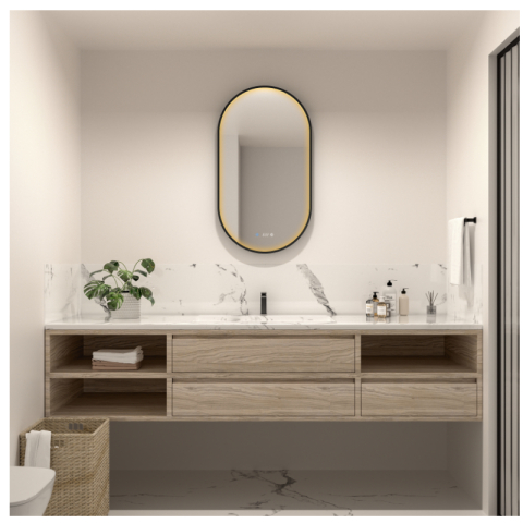 Oglinzi cu iluminare - Oglindă cu LED, dezaburire și ceas Fluminia, Canaria 100 Clock, iluminare perimetrală cu difuzor acrilic, ramă neagră