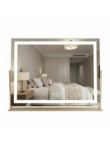 Oglinzi cu iluminare - Oglinda LED Rea Studio rama aurie 625x460 mm 12W anti-aburire dreptunghiulara
