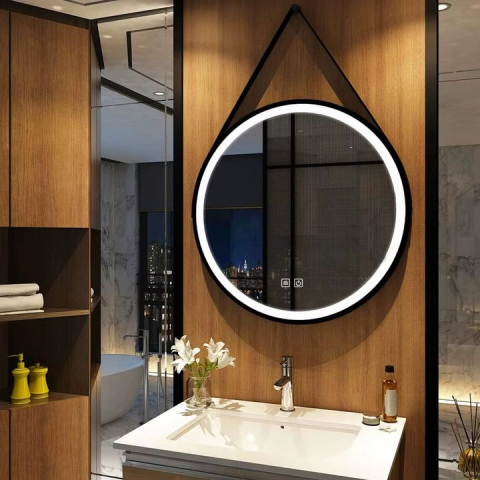 Oglindă Rotundă LED Suspendată pe Curea 80cm 105 negru [1]