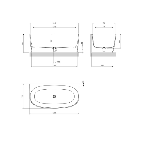 Omnires Valencia M+ cadă de perete 158x77 cm ovală alb VALENCIASWPBM [1]