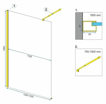 Paravan de dus Aero Auriu Walk In + EVO N 120cm, Rea [4]