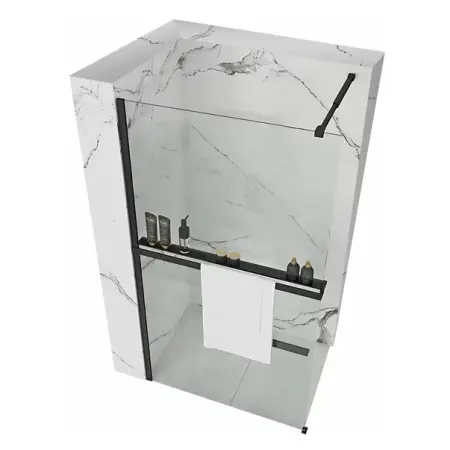 Cabine dus - Paravan de dus tip Walk-in Rea Aero 80x195 cm si etajera cu suport negru