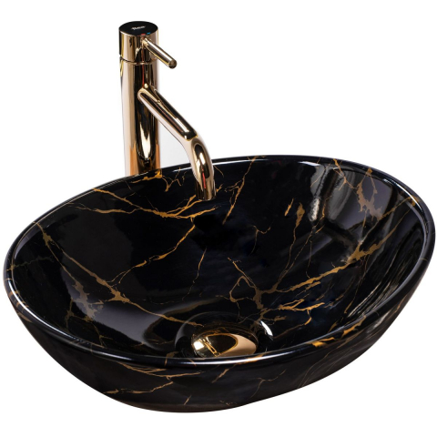 Obiecte Sanitare - Rea Sofia Marble lavoar 41x34.5 cm ovale de blat negru-auriu REA-U5611