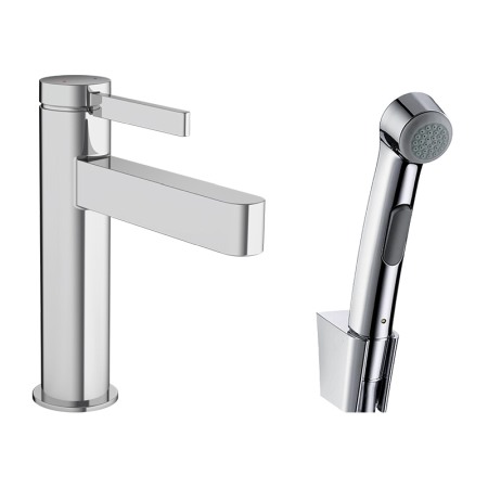 Baterii baie - Set baterie lavoar, Hansgrohe, Finoris, cu dus igienic, ventil push-open, crom