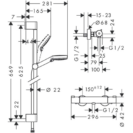 Set de dus cu bara de dus 65 cm, Hansgrohe, Crometta, baterie de dus Ecostat 1001 CL, crom [1]