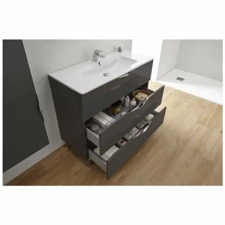 Seturi de mobilier si lavoar - Set dulap baza pe pardoseala Gala Agata gri mat 3 sertare si lavoar Emma 80 cm