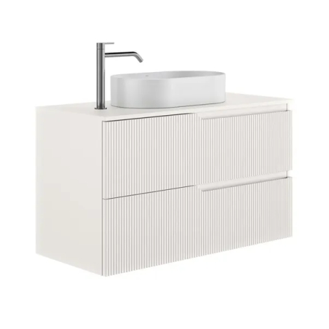 Baie - Set dulap baza suspendat Gala Canaletto 2 sertare 100 cm cu blat finisaj alb mat