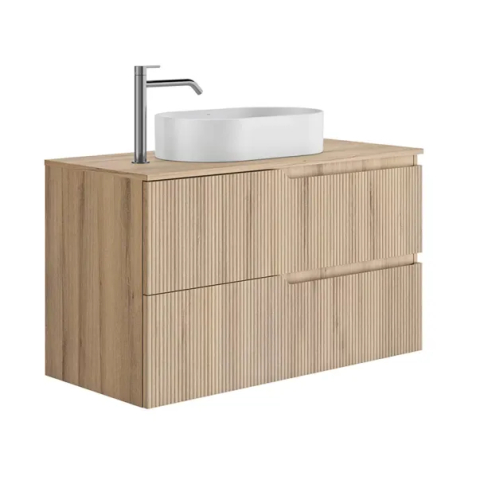 Baie - Set dulap baza suspendat Gala Canaletto 2 sertare 100 cm cu blat finisaj lemn bej mat