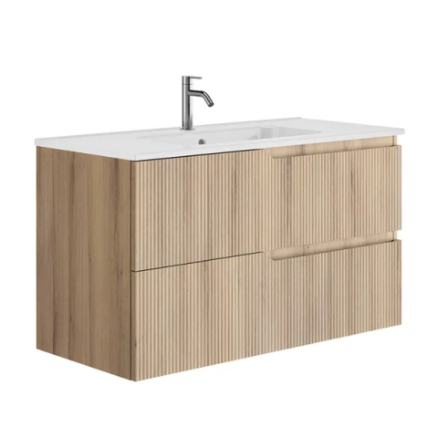 Seturi de mobilier si lavoar - Set dulap baza suspendat Gala Canaletto 2 sertare 100 cm finisaj lemn bej si lavoar Luc alb