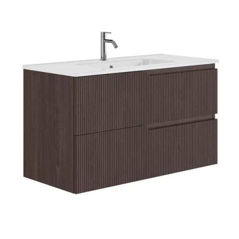 Seturi de mobilier si lavoar - Set dulap baza suspendat Gala Canaletto 2 sertare 100 cm finisaj nuc negru si lavoar Luc alb