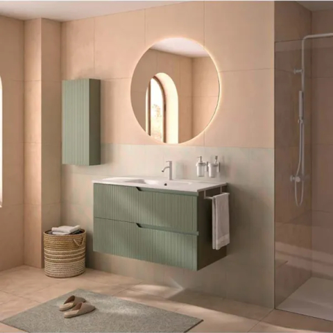 Mobilier Baie - Set dulap baza suspendat Gala Canaletto 2 sertare 100 cm finisaj verde si lavoar Luc alb