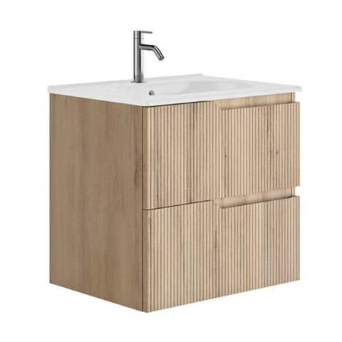 Seturi de mobilier si lavoar - Set dulap baza suspendat Gala Canaletto 2 sertare 60 cm finisaj lemn bej si lavoar Luc alb