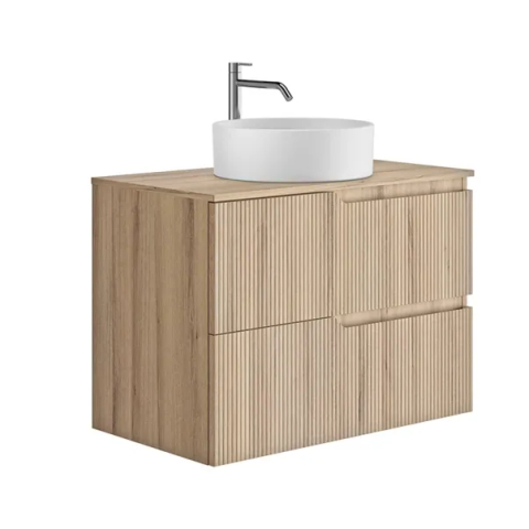 Baie - Set dulap baza suspendat Gala Canaletto 2 sertare 80 cm cu blat finisaj lemn bej mat