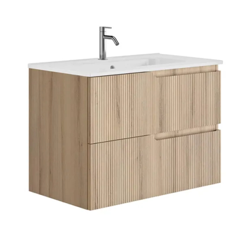Seturi de mobilier si lavoar - Set dulap baza suspendat Gala Canaletto 2 sertare 80 cm finisaj lemn bej si lavoar Luc alb