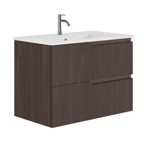 Seturi de mobilier si lavoar - Set dulap baza suspendat Gala Canaletto 2 sertare 80 cm finisaj nuc negru si lavoar Luc alb