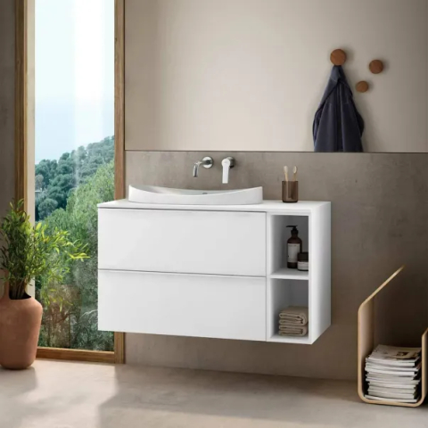 Mobilier Lavoar baie - Set dulap baza suspendat Gala Shona alb 2 sertare dulap mediu si blat 100 cm