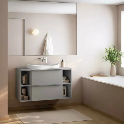 Mobilier Lavoar baie - Set dulap baza suspendat Gala Shona gri 2 sertare blat 100 cm si dulap mediu