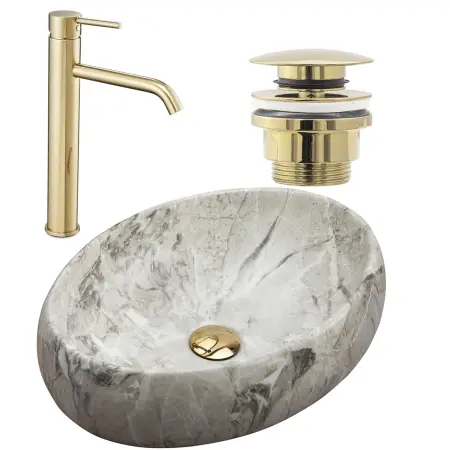 Seturi Lavoare - Set lavoar Linda Stone + baterie inalta Lungo auriu + dop universal auriu