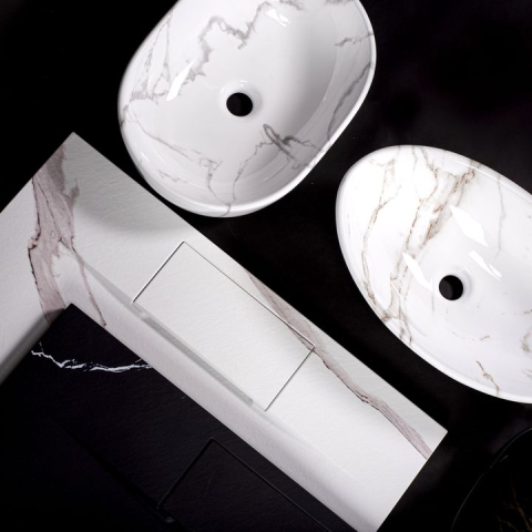 Set lavoar Sofia marble negru + baterie inalta Lungo auriu + dop universal auriu [12]