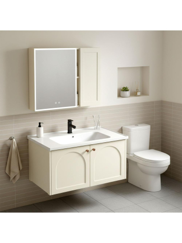 Set mobilier de baie cu lavoar Denver 80cm Crem [5]