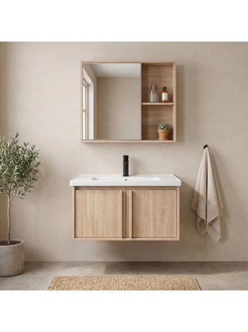 Seturi de mobilier si lavoar - Set mobilier baie suspendat Rea Gama T25023 BXM 70cm bej cu lavoar ceramic