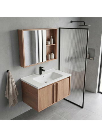 Set mobilier baie suspendat Rea Gama T25023 HHL 70cm maro cu lavoar ceramic [3]