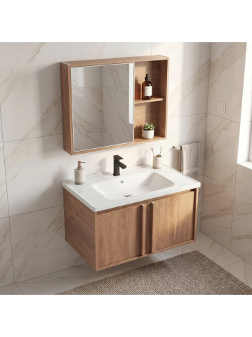 Set mobilier baie suspendat Rea Gama T25023 HHL 70cm maro cu lavoar ceramic [2]