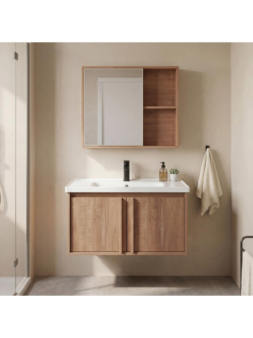 Seturi de mobilier si lavoar - Set mobilier baie suspendat Rea Gama T25023 HHL 70cm maro cu lavoar ceramic