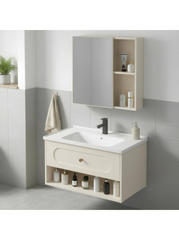 Set mobilier de baie cu lavoar River 60cm Crem [2]